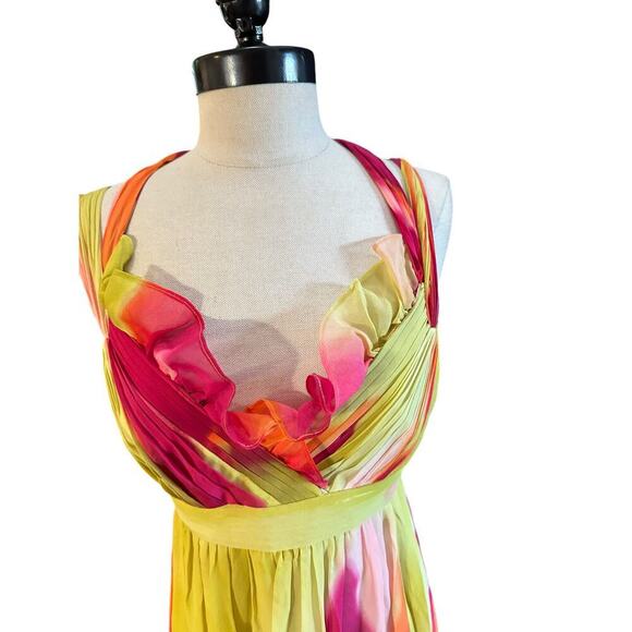 BCBGMAXAZRIA Lime 100% Silk Chiffon Pleated Top Maxi Dress Size 12 - Picture 3 of 8